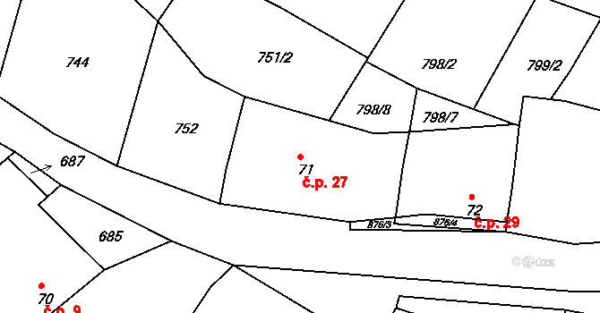 Poděčely 27, Chroustovice na parcele st. 71 v KÚ Poděčely, Katastrální mapa