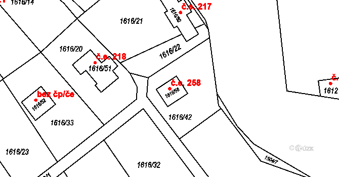 Jesenice 258 na parcele st. 1616/56 v KÚ Jesenice u Rakovníka, Katastrální mapa