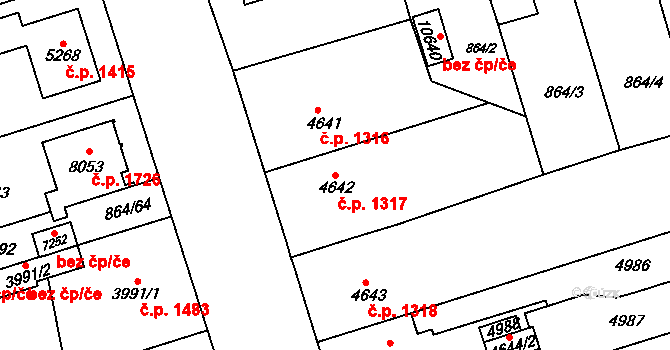 Bílé Předměstí 1317, Pardubice na parcele st. 4642/1 v KÚ Pardubice, Katastrální mapa