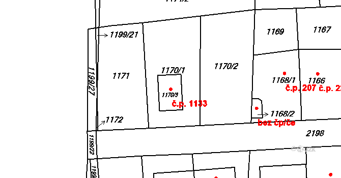 Ruzyně 1133, Praha na parcele st. 1170/3 v KÚ Ruzyně, Katastrální mapa