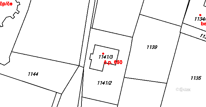 Blučina 650 na parcele st. 1141/3 v KÚ Blučina, Katastrální mapa