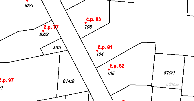 Radonice nad Ohří 81, Peruc na parcele st. 104 v KÚ Radonice nad Ohří, Katastrální mapa