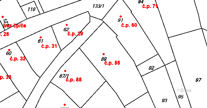 Bohumilice 55, Klobouky u Brna na parcele st. 89 v KÚ Bohumilice, Katastrální mapa