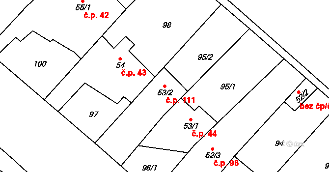 Skoky 111, Dolní Újezd na parcele st. 53/2 v KÚ Skoky u Staměřic, Katastrální mapa