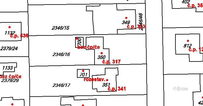 Kamenný Újezd 317 na parcele st. 350 v KÚ Kamenný Újezd, Katastrální mapa