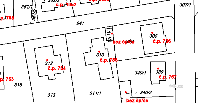 Roztoky 755 na parcele st. 310 v KÚ Roztoky u Prahy, Katastrální mapa