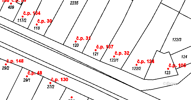 Louka 137 na parcele st. 121 v KÚ Louka u Ostrohu, Katastrální mapa