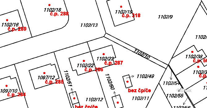 Dačice V 287, Dačice na parcele st. 1102/23 v KÚ Dačice, Katastrální mapa