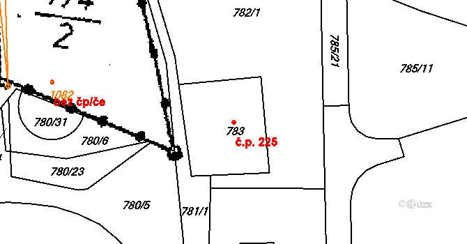 Loděnice 225 na parcele st. 783 v KÚ Loděnice u Berouna, Katastrální mapa