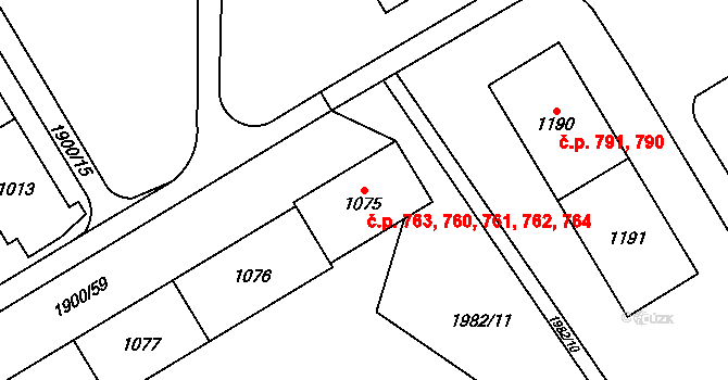Uničov 760,761,762,763,764 na parcele st. 1075 v KÚ Uničov, Katastrální mapa