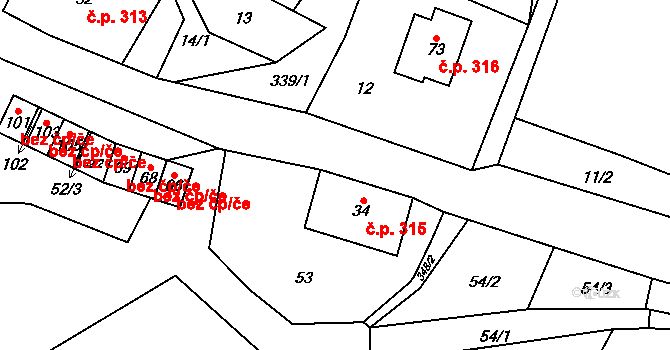 Pecka 315 na parcele st. 34 v KÚ Lhota u Pecky, Katastrální mapa