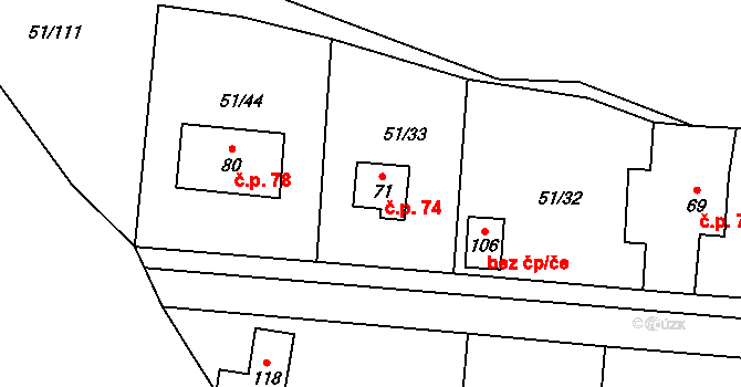 Rohanov 74, Vacov na parcele st. 71 v KÚ Rohanov, Katastrální mapa