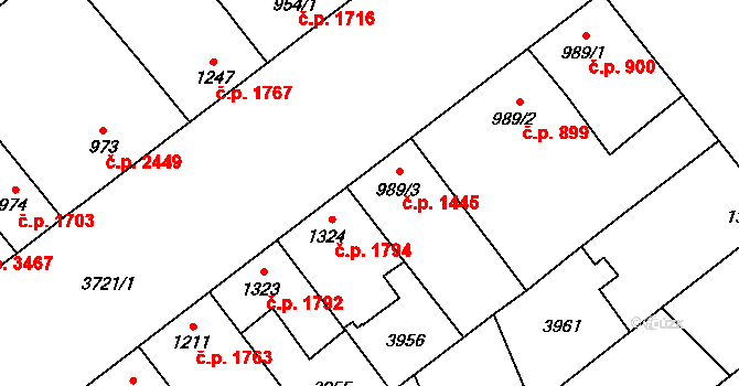 Břeclav 1445 na parcele st. 989/3 v KÚ Břeclav, Katastrální mapa