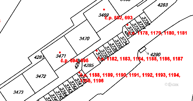 Komín 1182,1183,1184,1185,, Brno na parcele st. 3734 v KÚ Komín, Katastrální mapa