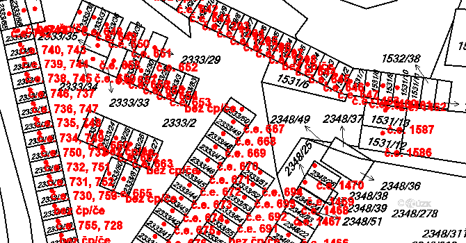 Pelhřimov 668 na parcele st. 2333/49 v KÚ Pelhřimov, Katastrální mapa