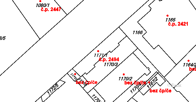 Teplice 2494 na parcele st. 1171/1 v KÚ Teplice, Katastrální mapa