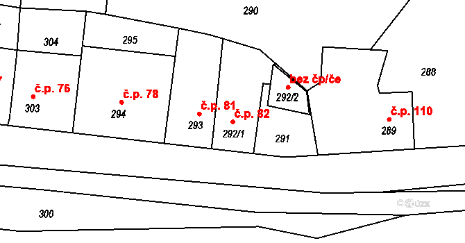 Podlázky 82, Mladá Boleslav na parcele st. 292/1 v KÚ Podlázky, Katastrální mapa
