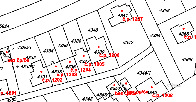 Záběhlice 1206, Praha na parcele st. 4339 v KÚ Záběhlice, Katastrální mapa