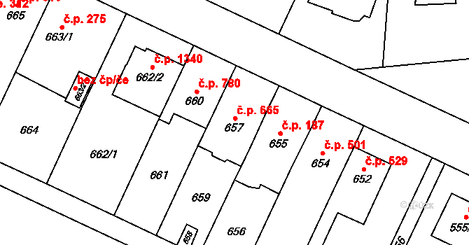 Kyje 665, Praha na parcele st. 657 v KÚ Kyje, Katastrální mapa