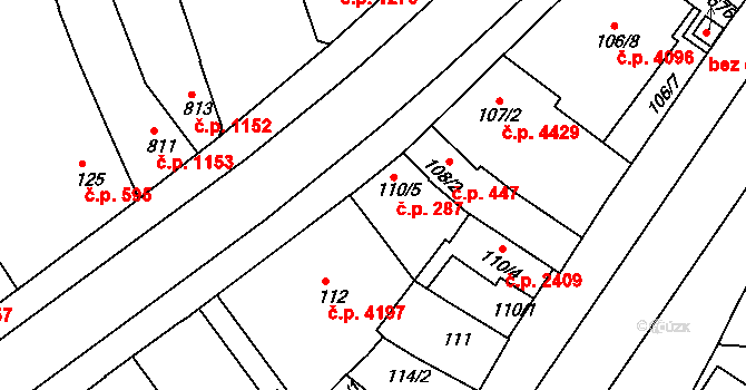 Hodonín 287 na parcele st. 110/5 v KÚ Hodonín, Katastrální mapa