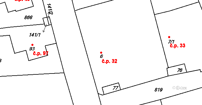 Rusek 32, Hradec Králové na parcele st. 6 v KÚ Rusek, Katastrální mapa