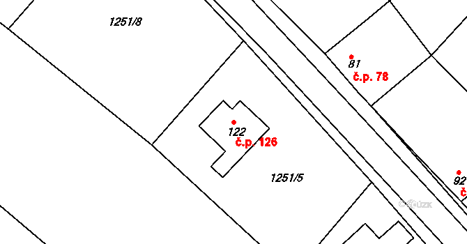 Újezd u Rosic 126 na parcele st. 122 v KÚ Újezd u Rosic, Katastrální mapa
