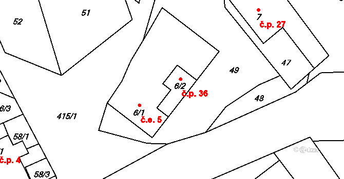 Pohořílky 36, Fulnek na parcele st. 6/2 v KÚ Pohořílky u Kujav, Katastrální mapa