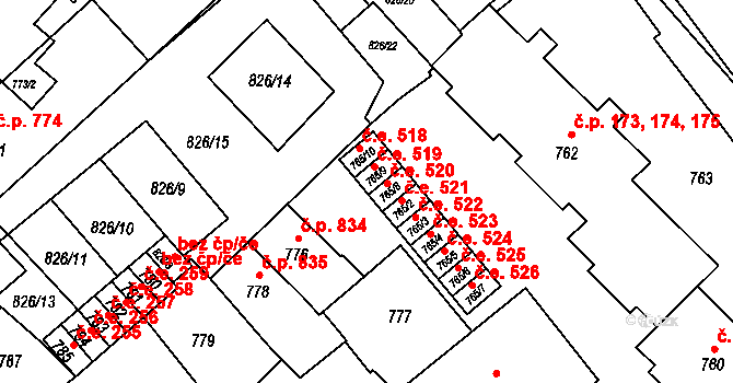 Bučovice 519 na parcele st. 765/9 v KÚ Bučovice, Katastrální mapa