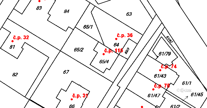 Sobín 115, Praha na parcele st. 65/4 v KÚ Sobín, Katastrální mapa