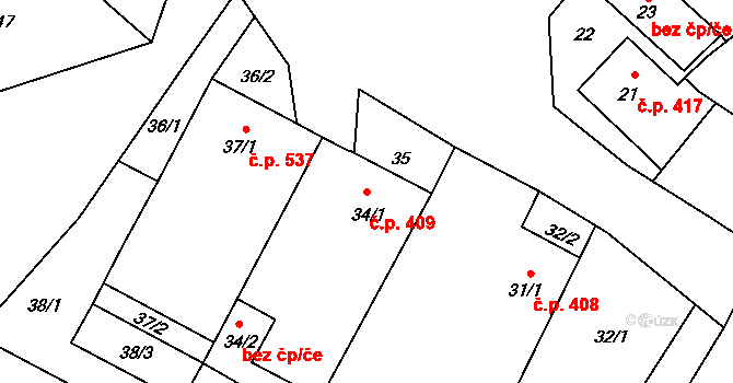 Pustina 409, Měřín na parcele st. 34/1 v KÚ Pustina u Měřína, Katastrální mapa