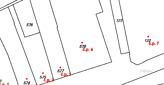 Fryšták 4 na parcele st. 578 v KÚ Fryšták, Katastrální mapa