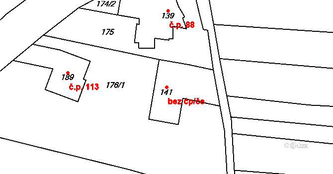Štěpánov 43262767 na parcele st. 141 v KÚ Moravská Huzová, Katastrální mapa