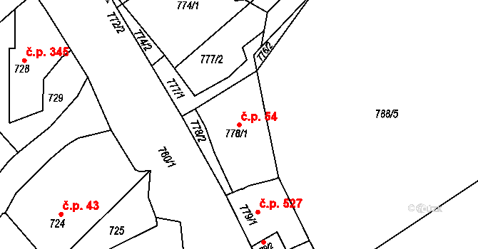 Buchlovice 54 na parcele st. 778/1 v KÚ Buchlovice, Katastrální mapa