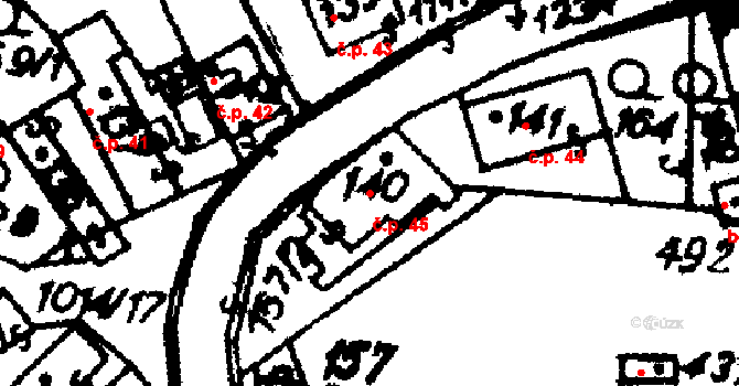 Hrochův Týnec 45 na parcele st. 140 v KÚ Hrochův Týnec, Katastrální mapa