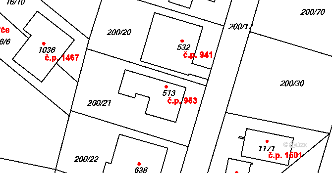 Rudná 953 na parcele st. 513 v KÚ Hořelice, Katastrální mapa