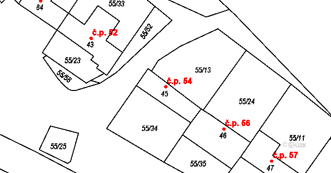 Kuničky 54 na parcele st. 45 v KÚ Kuničky, Katastrální mapa