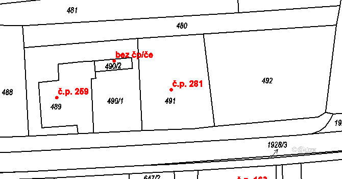Postřelmov 281 na parcele st. 491 v KÚ Postřelmov, Katastrální mapa