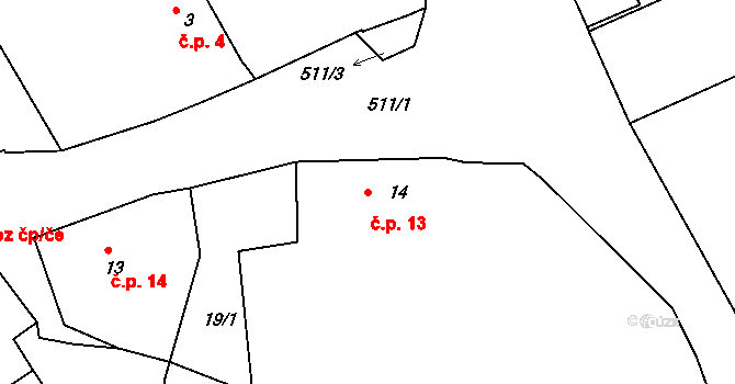 Kloušov 13, Merklín na parcele st. 14 v KÚ Kloušov, Katastrální mapa