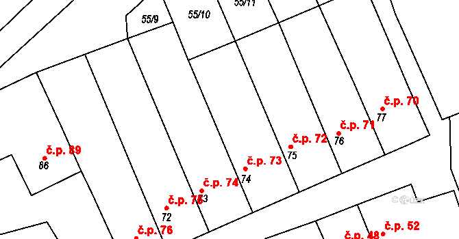 Hřivčice 73, Peruc na parcele st. 74 v KÚ Hřivčice, Katastrální mapa