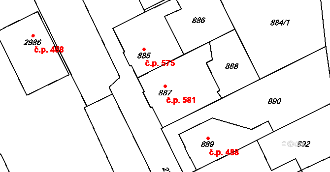 Dobruška 581 na parcele st. 887 v KÚ Dobruška, Katastrální mapa