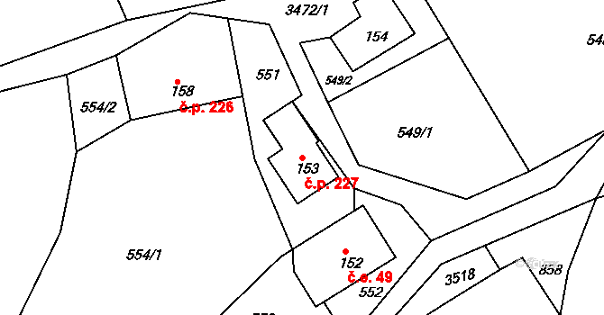 Staré Křečany 227 na parcele st. 153 v KÚ Staré Křečany, Katastrální mapa