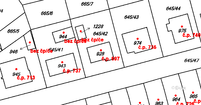 Lišov 697 na parcele st. 928 v KÚ Lišov, Katastrální mapa