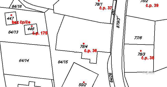 Tři Sekery 36 na parcele st. 78/4 v KÚ Tři Sekery u Kynžvartu, Katastrální mapa