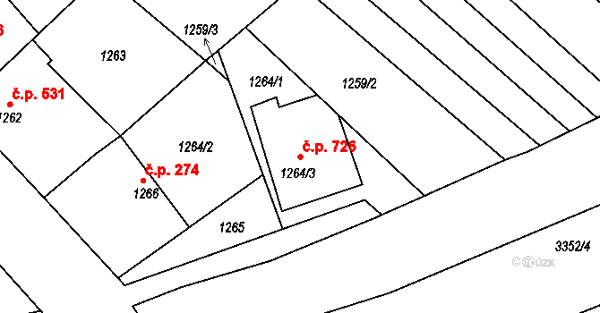 Šardice 726 na parcele st. 1264/3 v KÚ Šardice, Katastrální mapa