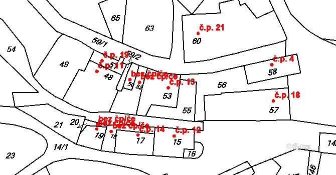 Brusná 13, Lomnice na parcele st. 53 v KÚ Brusná, Katastrální mapa