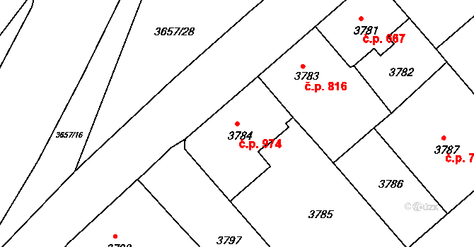 Děčín V-Rozbělesy 974, Děčín na parcele st. 3784 v KÚ Podmokly, Katastrální mapa