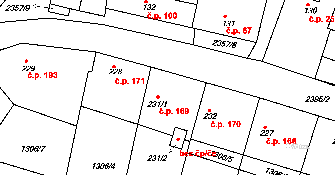 Hudlice 169 na parcele st. 231/1 v KÚ Hudlice, Katastrální mapa