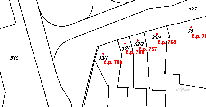 Loučany 759 na parcele st. 33/1 v KÚ Loučany na Hané, Katastrální mapa