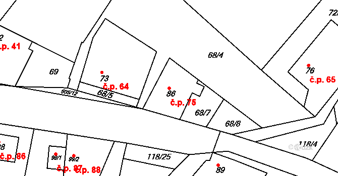 Měrotín 75 na parcele st. 86 v KÚ Měrotín, Katastrální mapa