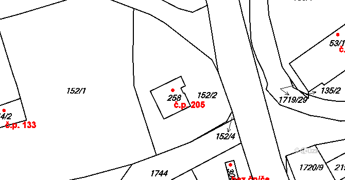 Lodhéřov 205 na parcele st. 258 v KÚ Lodhéřov, Katastrální mapa